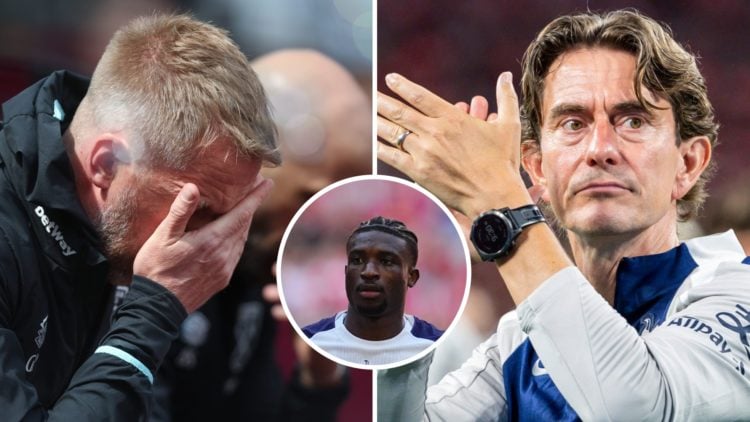 West Ham head coach Graham Potter looks dejected as Spurs boss Thomas Frank applauds. Inset, Tottenham star Mohammed Kudus
