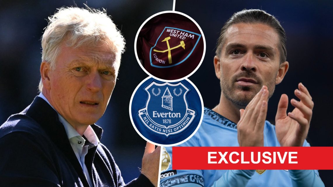 Everton boss David Moyes and new loan signing Man City midfielder Jack Grealish. Inset, the West Ham and Everton badges