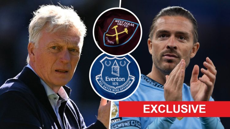 Everton boss David Moyes and new loan signing Man City midfielder Jack Grealish. Inset, the West Ham and Everton badges