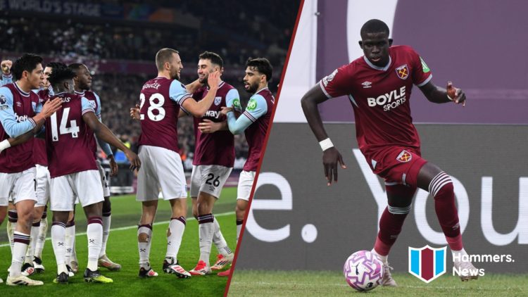Split image showing West Ham midfielder Tomas Soucek celebrating and new left-back El Hadji Malick Diouf