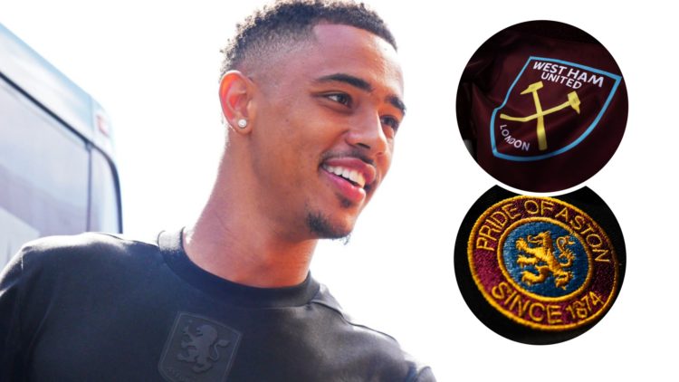 Aston Villa midfielder Jacob Ramsey gets off the team coach during pre-season. Inset, the West Ham and Villa badges