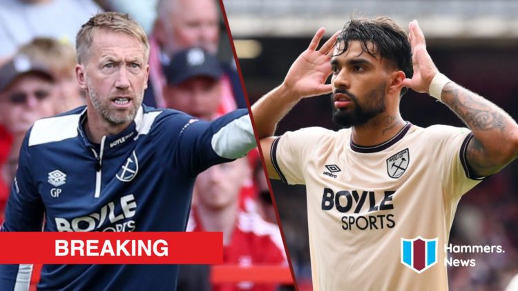 Split image showing West Ham United coach Graham Potter and Lucas Paqueta celebrating at Nottingham Forest