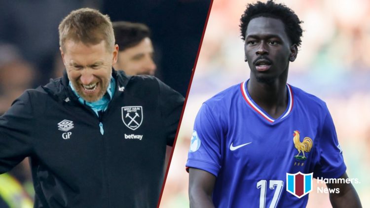 Split image showing West Ham United coach Graham Potter and Soungoutou Magassa playing for France's Under-21s