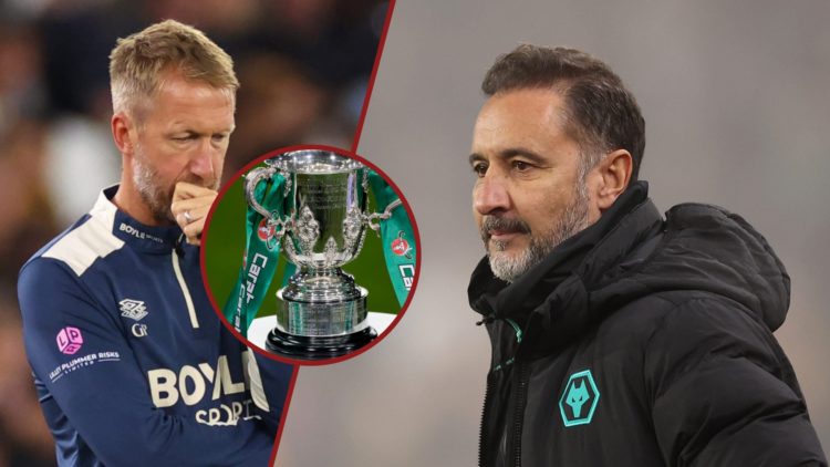 Split image showing West Ham United coach Graham Potter, Wolves boss Vitor Pereira, and the Carabao Cup trophy