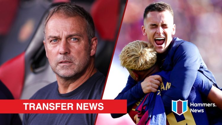 Split image showing Barcelona coach Hansi Flick, and Marc Casado celebrating with Lamine Yamal