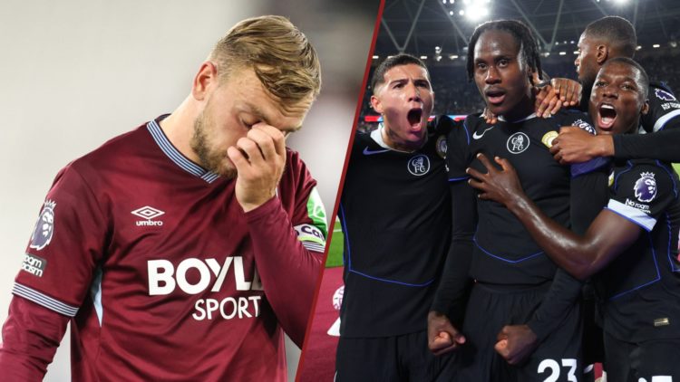 Split image showing West Ham United captain Jarrod Bowen and Chelsea players celebrating at the London Stadium