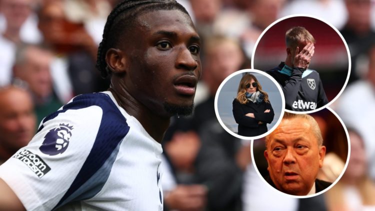 Mohammed Kudus playing for Tottenham Hotspur. Inset, West Ham head coach Graham Potter, co-owner David Sullivan and vice-chair Karren Brady