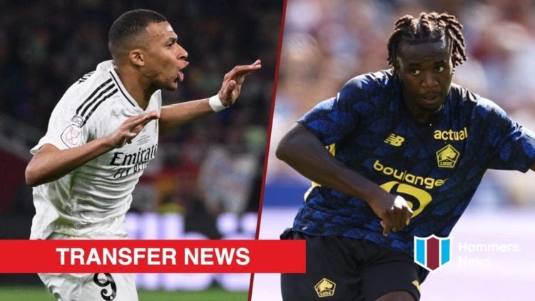 Split image showing Real Madrid striker Kylian Mbappe and West Ham target Ngal'ayel Mukau in action for Lille