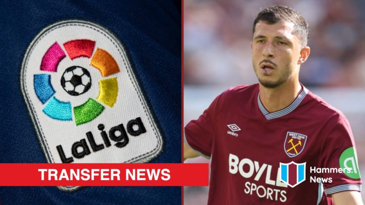 Split image showing the La Liga logo and West Ham United midfielder Guido Rodriguez