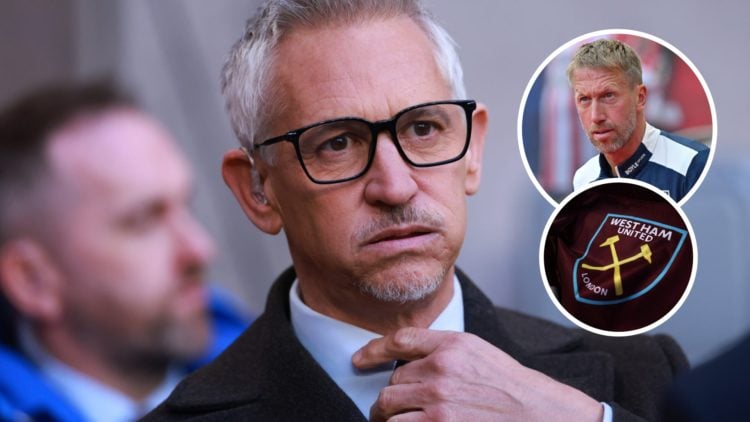 Pundit Gary Lineker looks flustered. Inset, West Ham head coach Graham Potter looks on and the Hammers flag