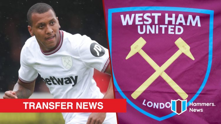 Split image showing former West Ham United youngster Luizao and the Hammers badge on a flag