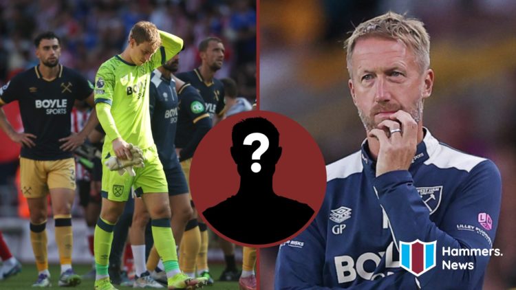 Split image showing a dejected West Ham United goalkeeper Mads Hermansen and head coach Graham Potter