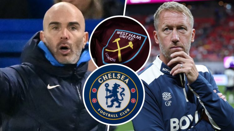 Chelsea boss Enzo Maresca looks shocked as West Ham head coach Graham Potter is deep in thought. Inset, the Hammers and Chelsea badges