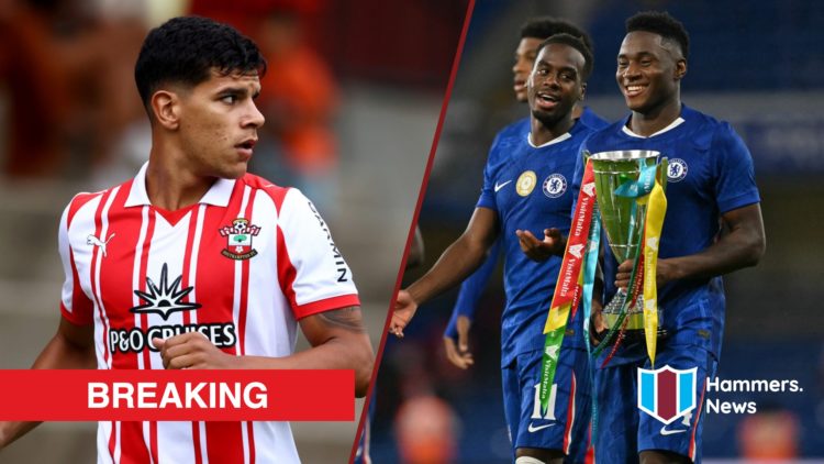 Split image showing Southampton midfielder Mateus Fernandes and new Chelsea signing Dario Essugo