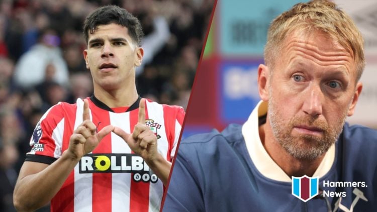 Split image showing Mateus Fernandes at Southampton and West Ham United coach Graham Potter