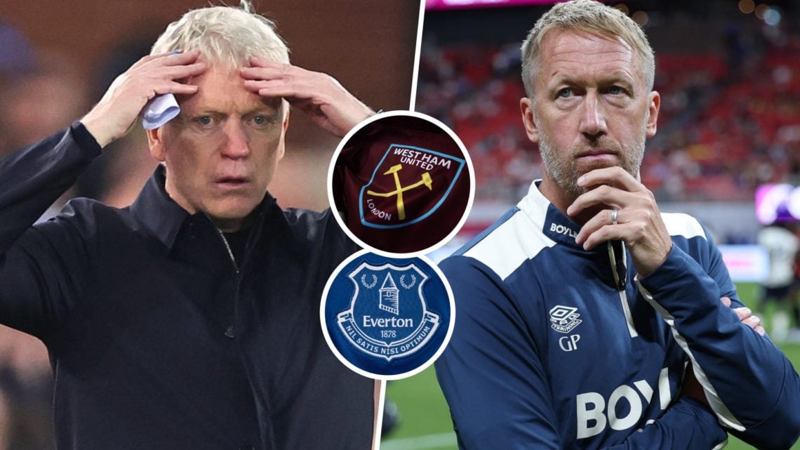 Everton boss David Moyes holds his hands to his head in shock and West Ham head coach Graham Potter deep in thought. Inset, the Hammers and Everton...