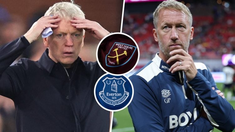 Everton boss David Moyes holds his hands to his head in shock and West Ham head coach Graham Potter deep in thought. Inset, the Hammers and Everton...