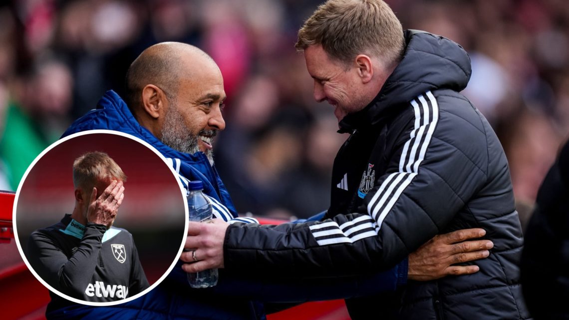 Nottingham Forest boss Nuno Espirito Santo and Newcastle manager Eddie Howe share a warm embrace. Inset, West Ham head coach Graham Potter looks de...