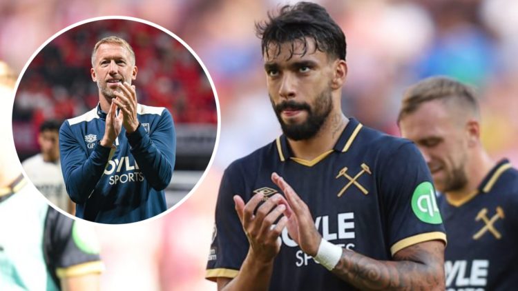West Ham star Lucas Paqueta applauds the club's fans after the defeat to Sunderland. Inset, Hammers boss Graham Potter applauds