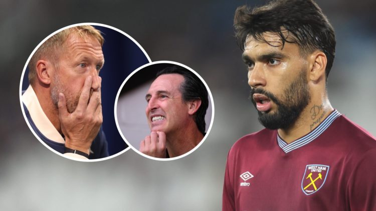 West Ham midfielder Lucas Paqueta. Inset, Hammers head coach Graham Potter looks shocked and Aston Villa boss Unai Emery grimaces