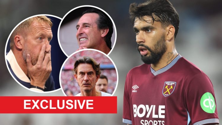West Ham star Lucas Paqueta looks crestfallen. Inset, Hammers head coach Graham Potter, Spurs boss Thomas Frank and Aston Villa manager Unai Emery