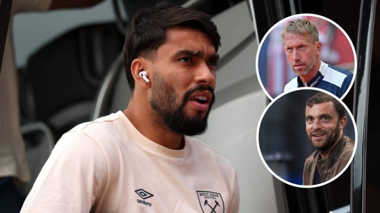 West Ham star Lucas Paqueta arrives for a game. Inset, Hammers head coach Graham Potter and transfer reporter Fabrizio Romano
