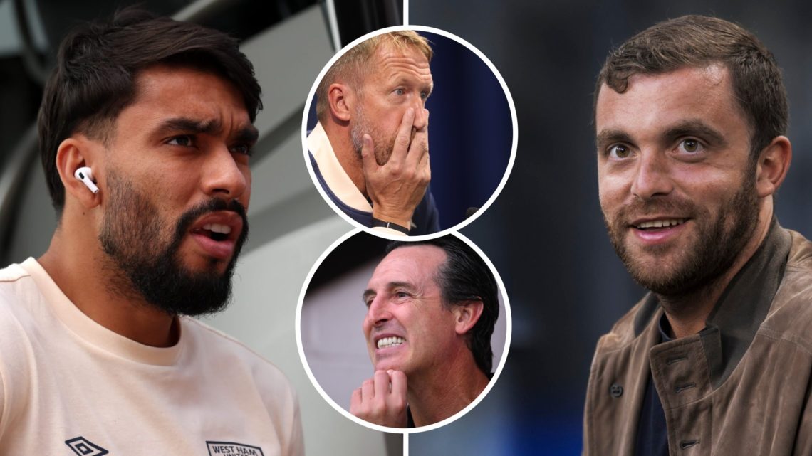 West Ham midfielder Lucas Paqueta and transfer reporter Fabrizio Romano. Inset, Hammers boss Graham Potter and Aston Villa manager Unai Emery