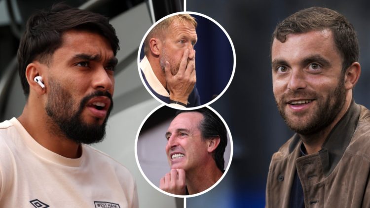 West Ham midfielder Lucas Paqueta and transfer reporter Fabrizio Romano. Inset, Hammers boss Graham Potter and Aston Villa manager Unai Emery