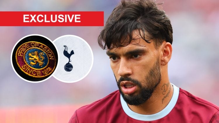 West Ham playmaker Lucas Paqueta. Inset, the Spurs and Aston Villa badges