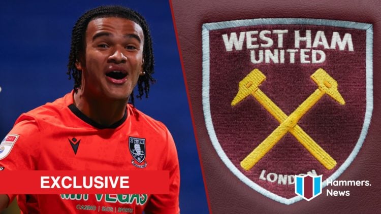 Split image showing Sheffield Wednesday goalkeeper Pierce Charles and the West Ham badge