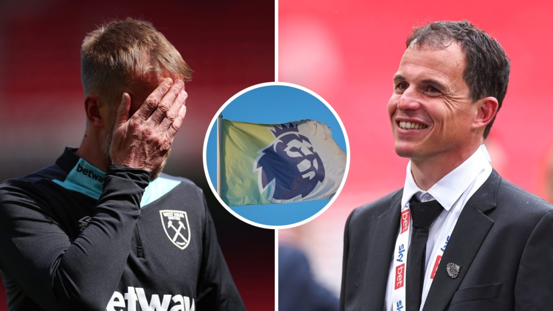 West Ham head coach Graham Potter looks dejected and Sunderland boss Regis Le Bris is all smiles. Inset, the Premier League flag.