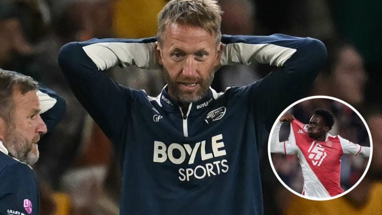 West Ham head coach Graham Potter holds his hands on his head. Inset, Soungoutou Magassa.