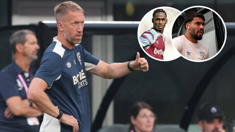 West Ham head coach Graham Potter gives the thumbs up. Inset, Hammers stars Lucas Paqueta and Crysencio Summerville