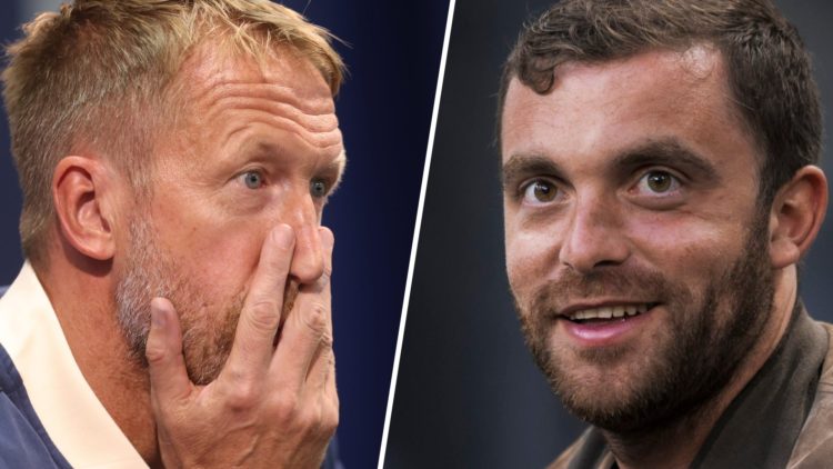 West Ham head coach Graham Potter looks in shock and transfer reporter Fabrizio Romano
