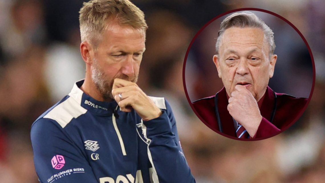 West Ham head coach Graham Potter looks dejected on the sideline and Hammers chief David Sullivan