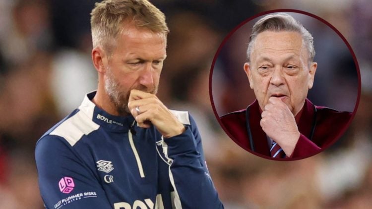 West Ham head coach Graham Potter looks dejected on the sideline and Hammers chief David Sullivan
