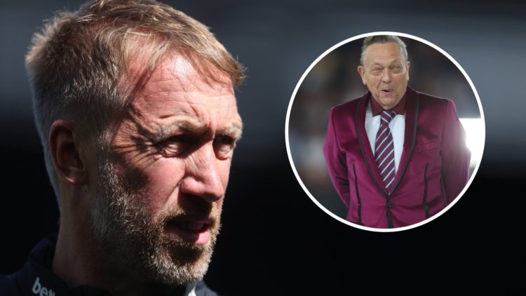 West Ham head coach Graham Potter watches a training session. Inset, Hammers chief David Sullivan
