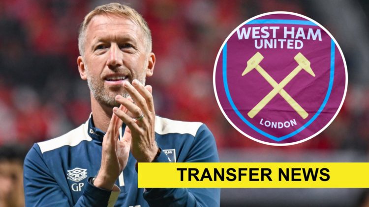 Smiling West Ham head coach Graham Potter applauds. Inset, the Hammers badge
