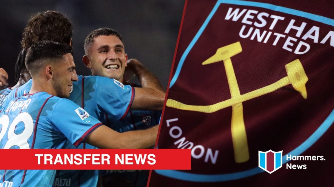 Split image showing Cagliari striker Roberto Piccoli and the West Ham United badge