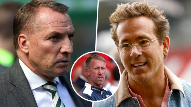 Celtic boss Brendan Rodgers wears a worried grimace while Wrexham co-owner Ryan Reynolds is all smiles. Inset, West Ham head coach Graham Potter