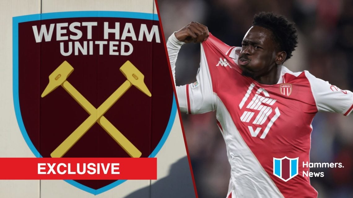Split image showing Monaco midfielder Soungoutou Magassa and the West Ham United badge outside the London Stadium