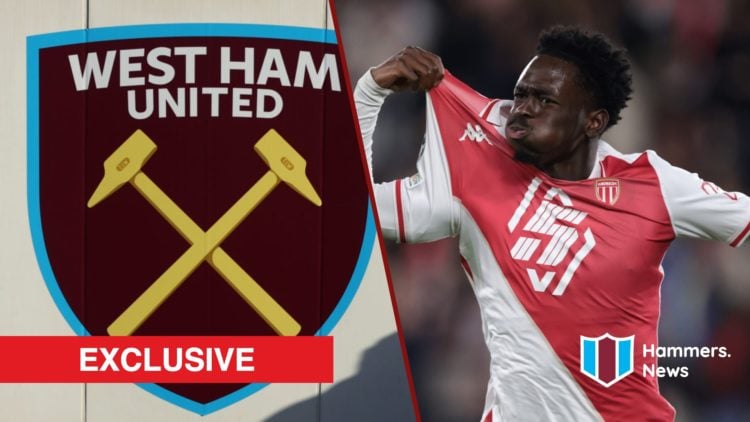 Split image showing Monaco midfielder Soungoutou Magassa and the West Ham United badge outside the London Stadium