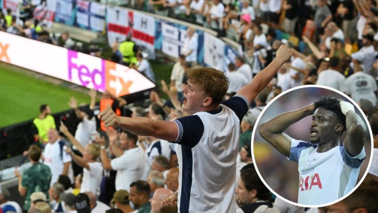 Spurs fans sing at the UEFA Super Cup final against PSG. Inset, Tottenham star Mohammed Kudus
