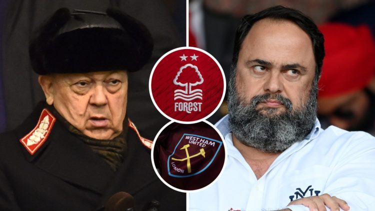 West Ham chief David Sullivan watches on from the stands as does Nottingham Forest owner Evangelos Marinakis