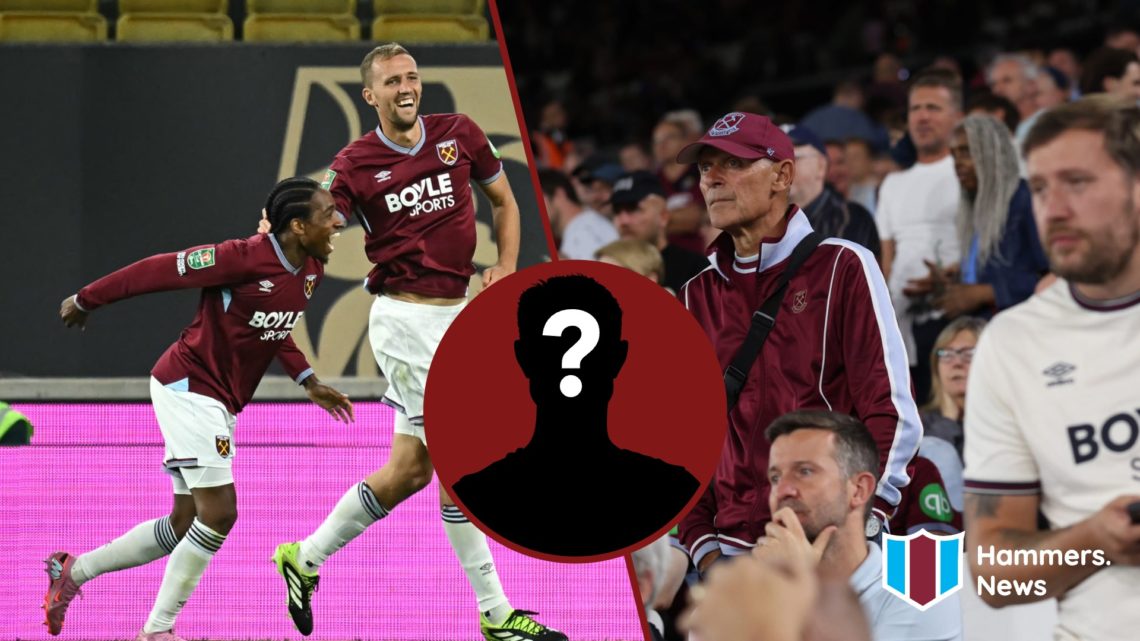Split image showing West Ham duo Tomas Soucek and Kyle Walker-Peters, plus the Hammers fans at the London Stadium