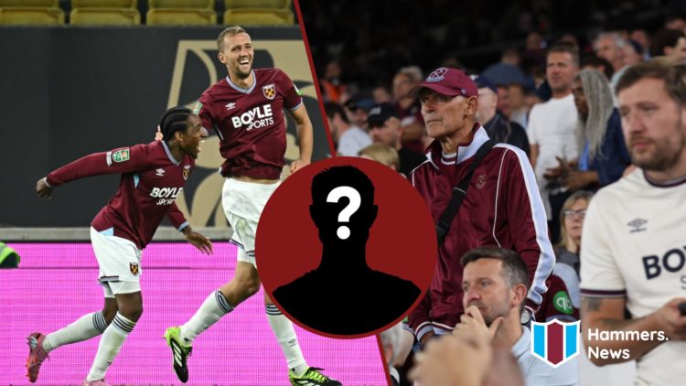 Split image showing West Ham duo Tomas Soucek and Kyle Walker-Peters, plus the Hammers fans at the London Stadium