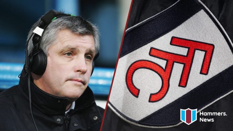 Split image showing West Ham United legend Tony Gale and the Fulham badge on a Craven Cottage corner flag