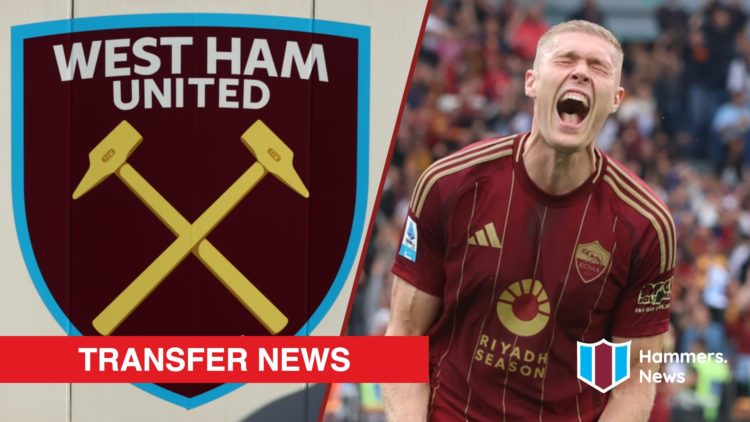Split image showing the West Ham United badge and Roma striker Artem Dovbyk