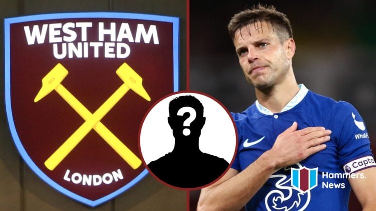Split image showing the West Ham United badge outside the London Stadium, and Cesar Azpilicueta at Chelsea