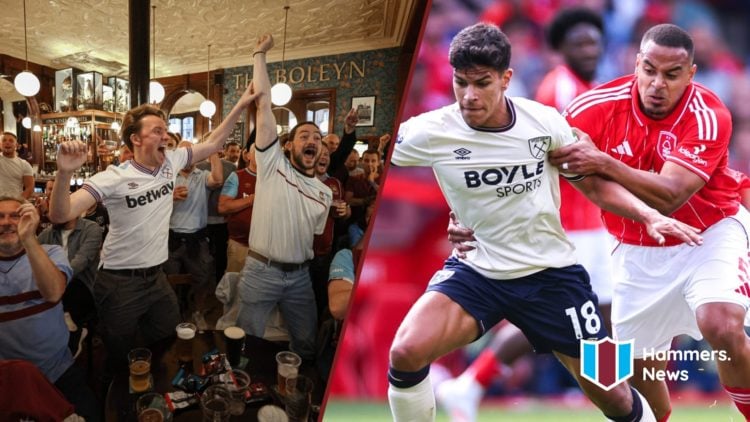 Split image showing the West Ham United fans and Mateus Fernandes playing against Nottingham Forest